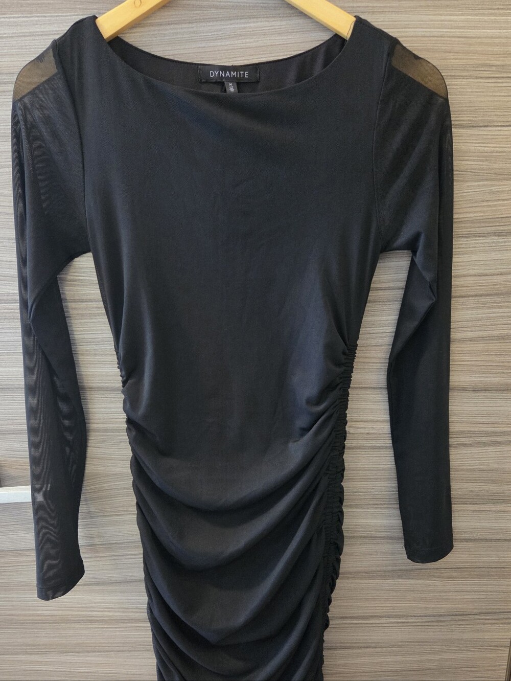 Dynamite Black Mesh Long Sleeve Ruched Bodycon Mini Dress